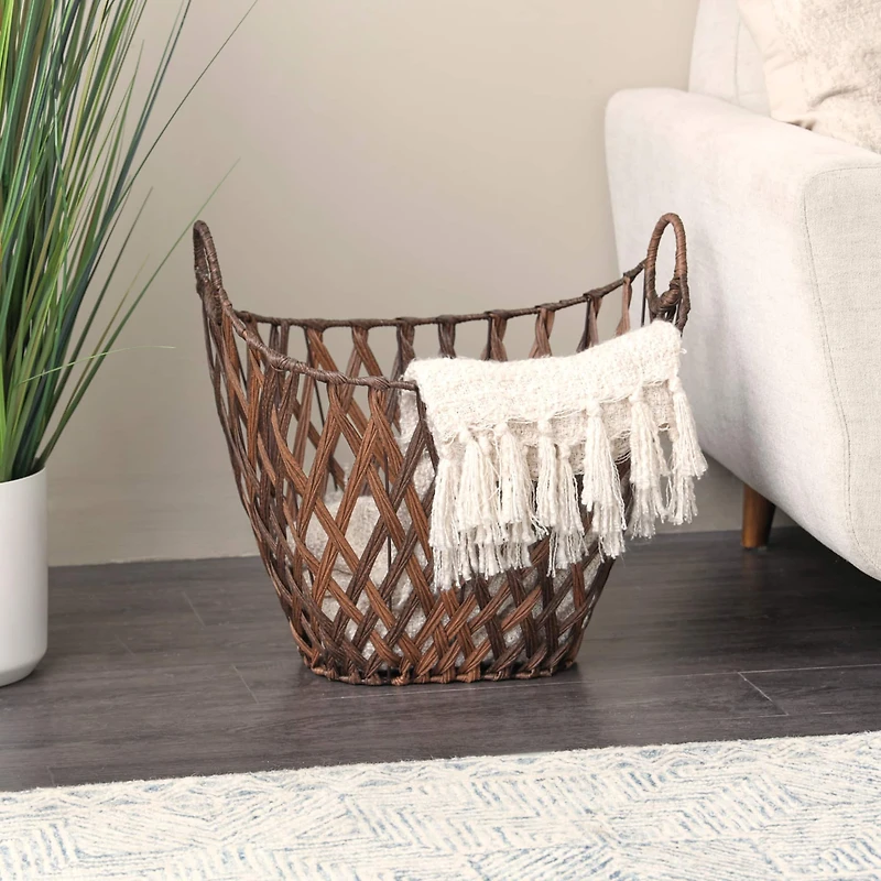 21" Bronze Plastic Rattan Geometric Woven Storage Basket
