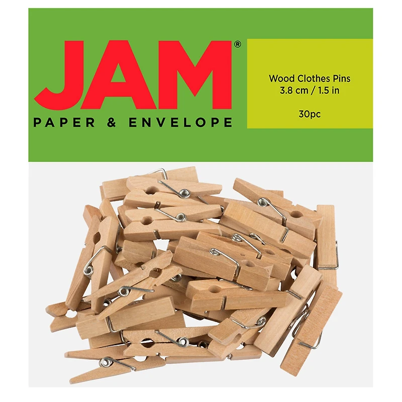 JAM Paper 1.5" Natural Wood Clip Clothespins, 30ct.