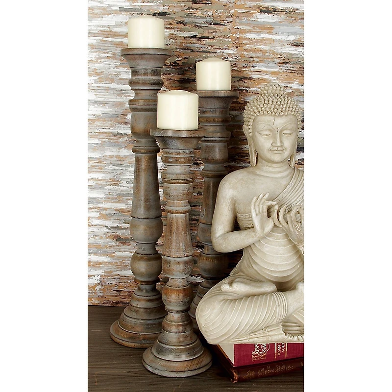 Light Brown Mango Wood Traditional Candle Holder Set, 3ct.