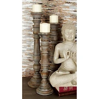 Light Brown Mango Wood Traditional Candle Holder Set, 3ct.