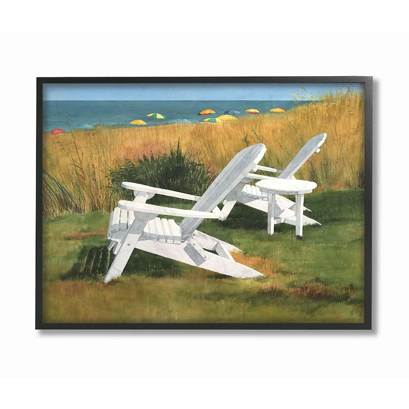Stupell Industries White Adirondack Chairs by Beach Wall Art in Black Frame