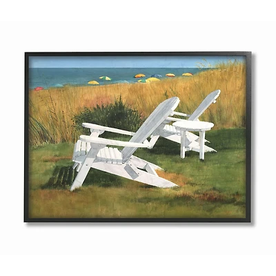 Stupell Industries White Adirondack Chairs by Beach Wall Art in Black Frame