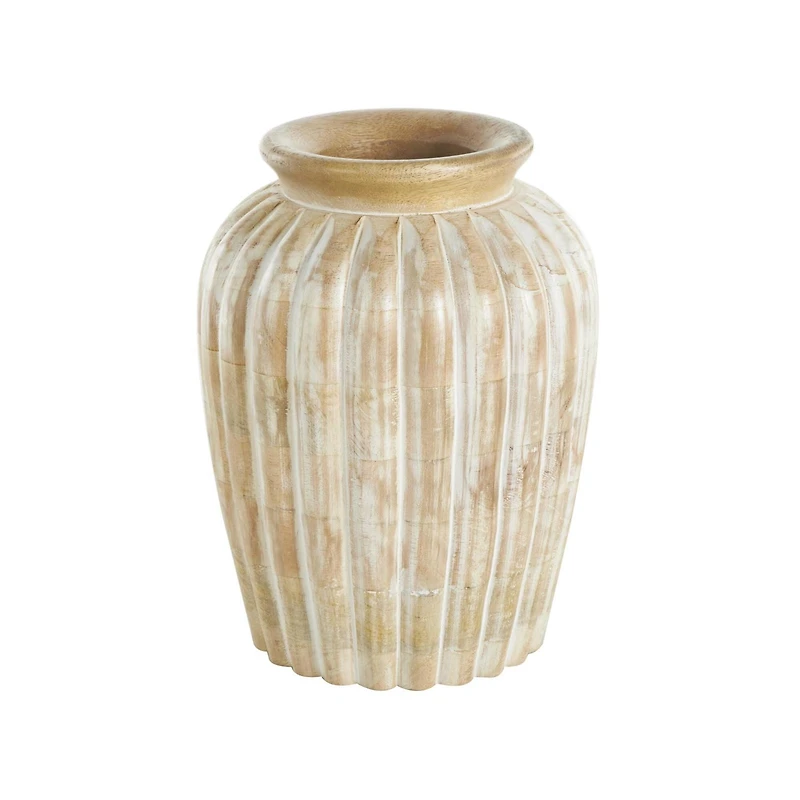 11" Light Brown Mango Wood Distressed Vase with Carved Ridges