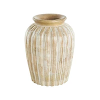 11" Light Brown Mango Wood Distressed Vase with Carved Ridges