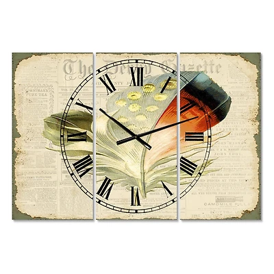 Designart Colorful Elegant Feather On Old Style Newspaper IV Multipanel Wall Clock