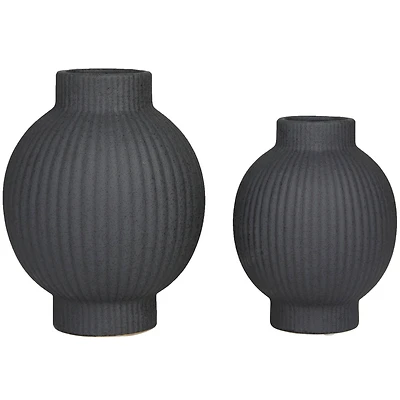 CosmoLiving by Cosmopolitan Black Ceramic Ribbed Vase Set of 2 11", 9"