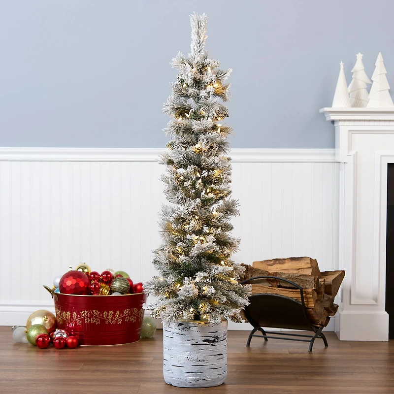 4.5ft. Pre-Lit Snowy Methow Pencil Artificial Christmas Entrance Tree in White Ceramic Base, Warm White LED Lights