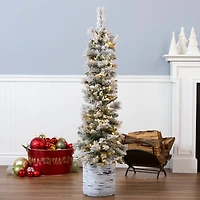 4.5ft. Pre-Lit Snowy Methow Pencil Artificial Christmas Entrance Tree in White Ceramic Base, Warm White LED Lights