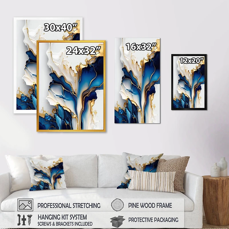 Designart 'Abstract Geode Gold And Blue Marble Shape III' Animals Canvas Wall Art