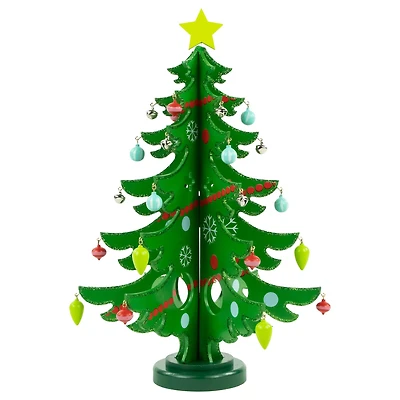 3-D Wooden Christmas Tree with Ornaments Decoration - 13.75" - Green