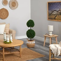 3.5ft. Boxwood Double Ball Artificial Topiary Tree in Boho Chic Handmade Natural Cotton Woven Planter with Tassels UV Resistant (Indoor/Outdoor)