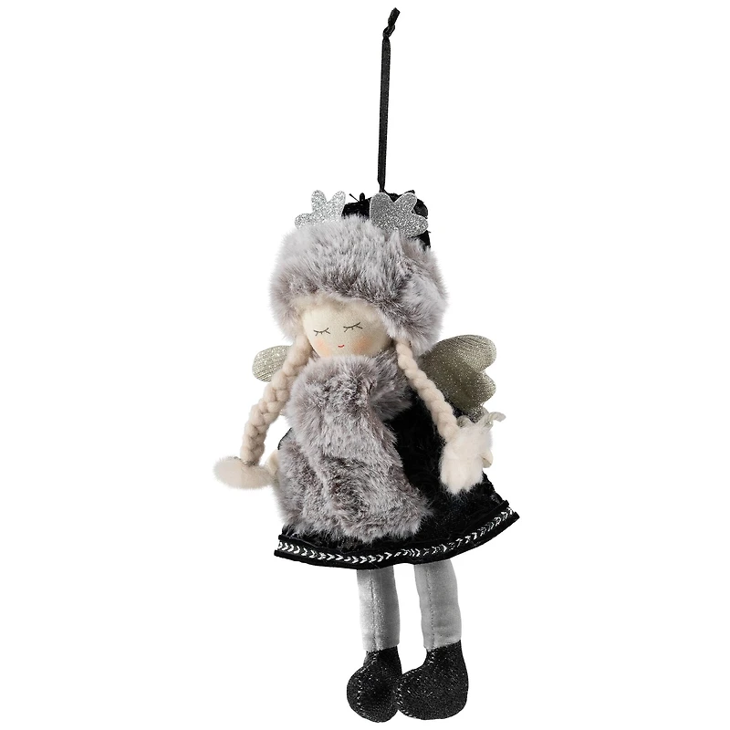 Plush Winter Angel Girl Hanging Christmas Ornament - 8.5" - Gray and Black