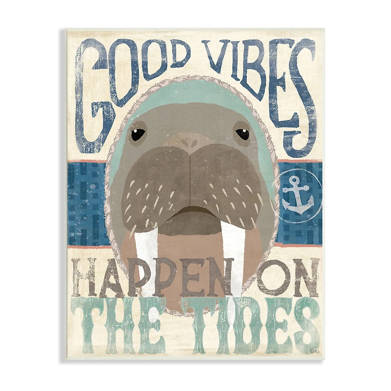 Stupell Industries Good Vibes Happen On Tides Nautical Phrase Walrus Wall Plaque