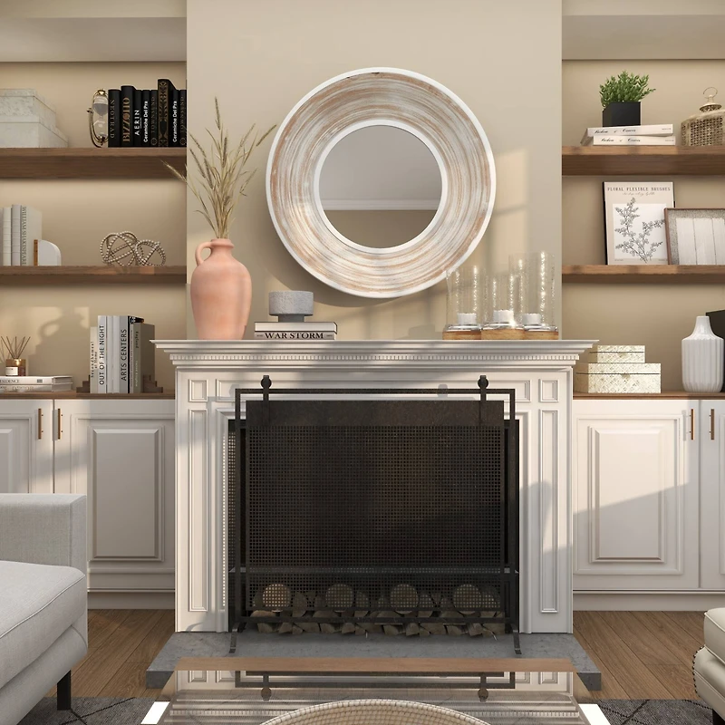 35" Cream Wooden Framed Wall Mirror with White Wash Effect