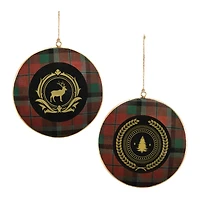 Metal Deer and Pine Tree Plaid Disc Ornament Set