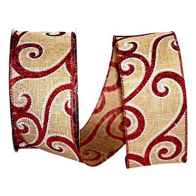 JAM Paper 2.5" x 20yd. Natural & Red Glitter Scroll Wired Linen Ribbon