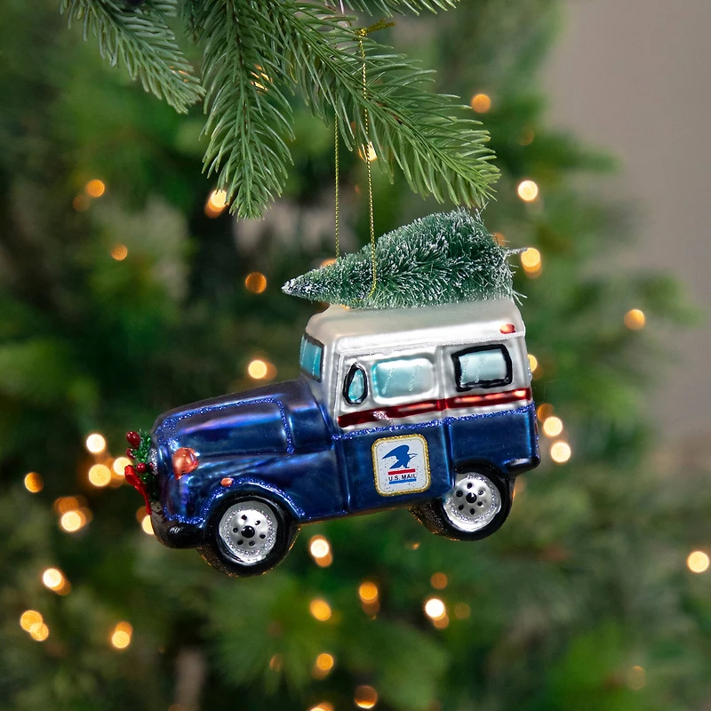 5" Blue & Silver USPS Post Office Truck with Frosted Tree Glass Christmas Ornament