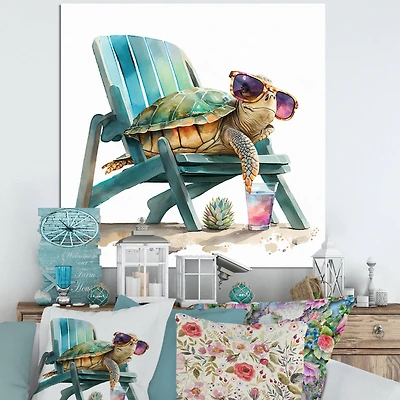 Designart 'Turtle Laying On A Beach Chair With Sunglasses I' Animals Canvas Wall Art