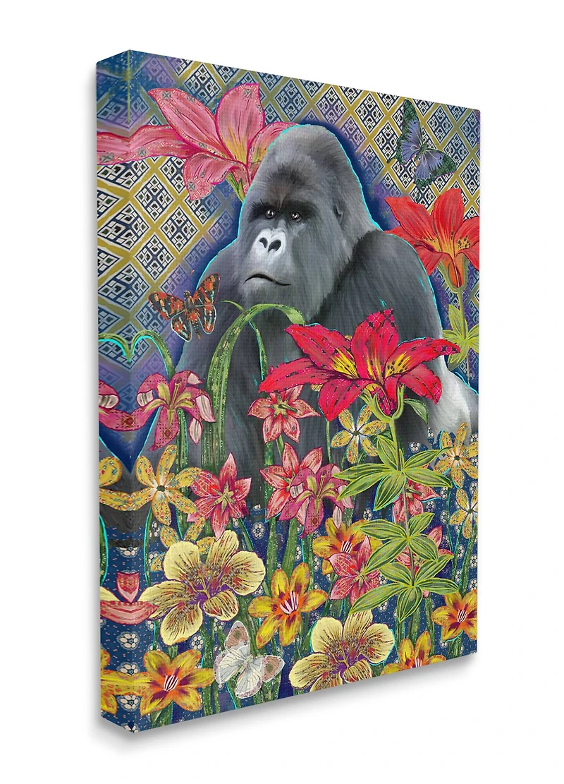 Stupell Industries Gorilla Standing Behind Tropical Florals Geometric Pattern Canvas Wall Art