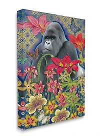 Stupell Industries Gorilla Standing Behind Tropical Florals Geometric Pattern Canvas Wall Art