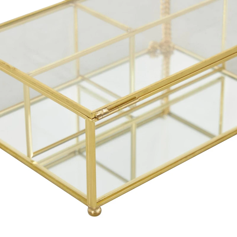 7" x 5" x 3" Clear & Gold 3-Slot Glass & Metal Jewelry Box with Chain Accent