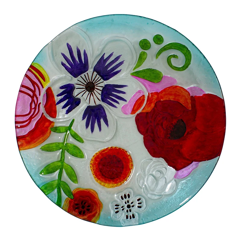 21'' White and Blue Hand Painted Floral Glass Birdbath