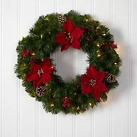 24" White LED Lights Poinsettia, Berry & Pinecone Artificial Wreath