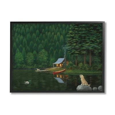 Stupell Industries Log Cabin Lakehouse Scene Pet Dogs Tree Forest Framed Wall Art