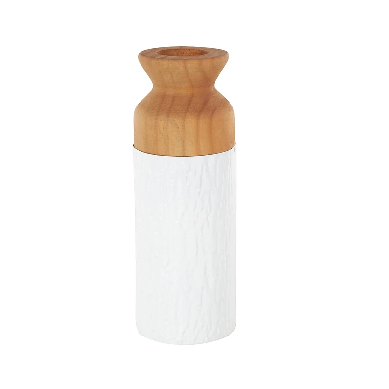 Brown & White Textured Metal & Wood Vase Set