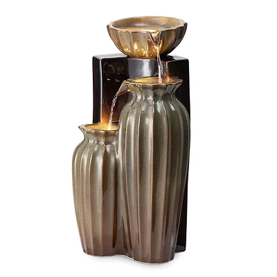 Glitzhome® 26.75" 3-Tier LED Fluted Textured Ceramic Outdoor Floor Fountain