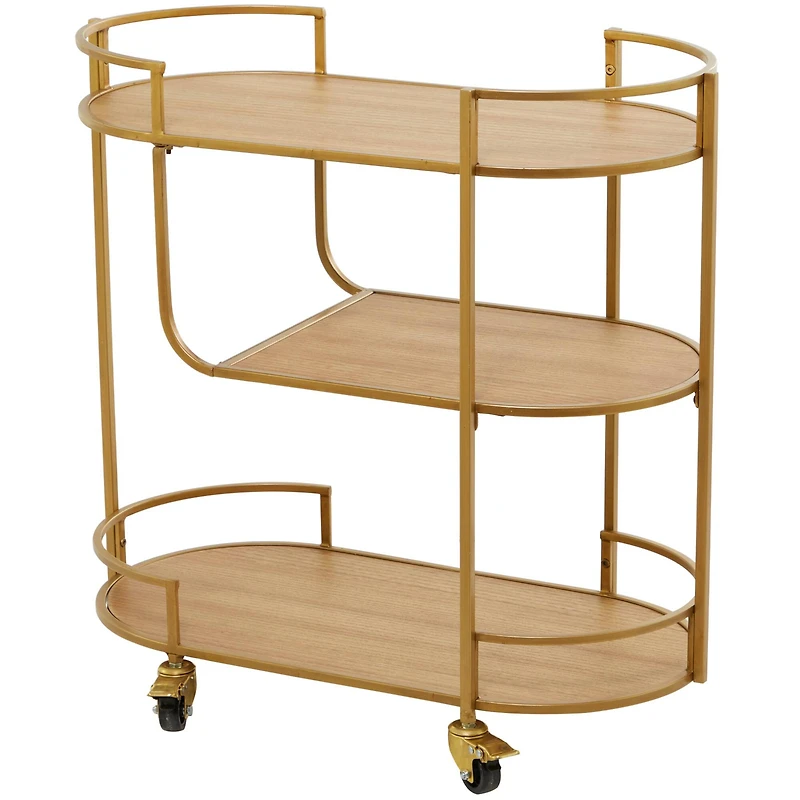 Gold Wood Rolling 3 Shelves Bar Cart with Handles 30" x 15" x 30"
