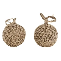 Brown Handmade Woven Knotted Rope & Cement Orb Sculpture with Handles Set