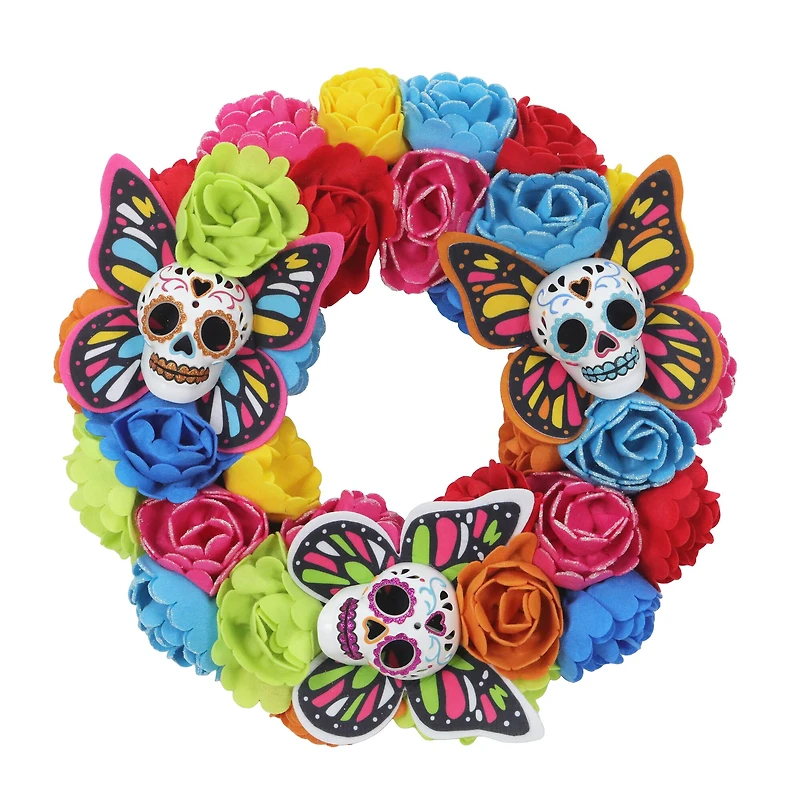 17.5" Sugar Skull Butterfly & Flower Wreath by Ashland®
