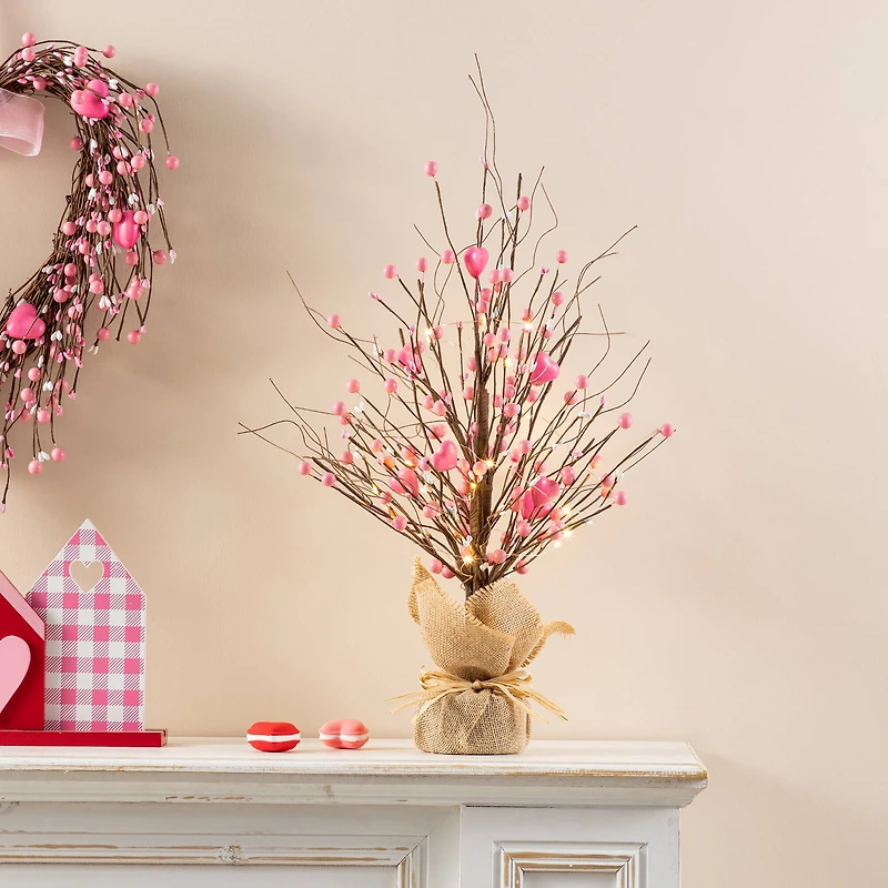 Glitzhome® 20" Lighted Valentine's Pink Berry Heart Table Tree