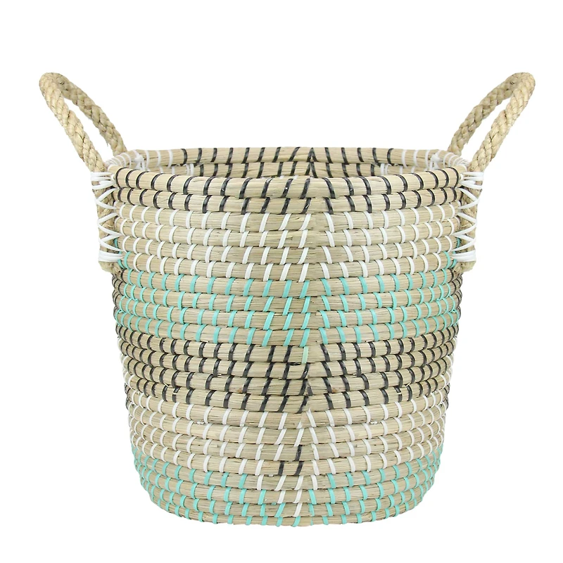12" Natural Woven Seagrass Basket with Teal, Black & White Accents
