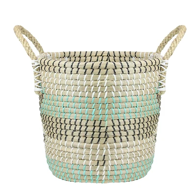 12" Natural Woven Seagrass Basket with Teal, Black & White Accents
