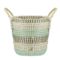 12" Natural Woven Seagrass Basket with Teal, Black & White Accents