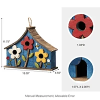 Glitzhome® 15" Blue Distressed Wood Birdhouse with Flowers