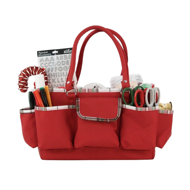 Everything Mary 11.5" Red Plaid Christmas Deluxe Store & Tote Craft Organizer Bag