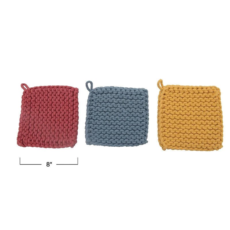 Hello Honey® Pink, Blue & Yellow Square Cotton Crocheted Potholder Set