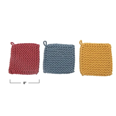 Hello Honey® Pink, Blue & Yellow Square Cotton Crocheted Potholder Set