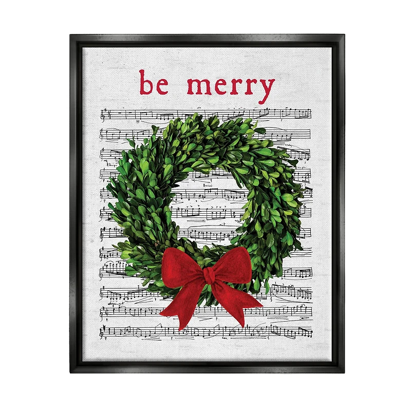 Stupell Industries Be Merry Holiday Music Wreath Framed Floater Canvas Wall Art