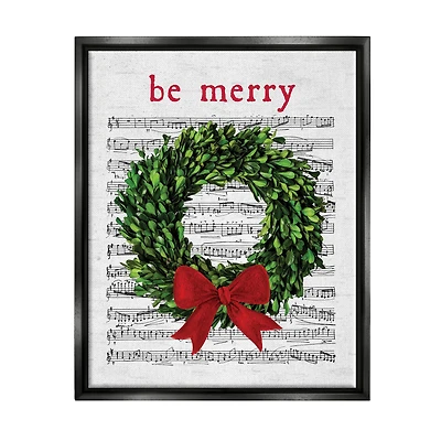 Stupell Industries Be Merry Holiday Music Wreath Framed Floater Canvas Wall Art