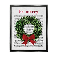 Stupell Industries Be Merry Holiday Music Wreath Framed Floater Canvas Wall Art