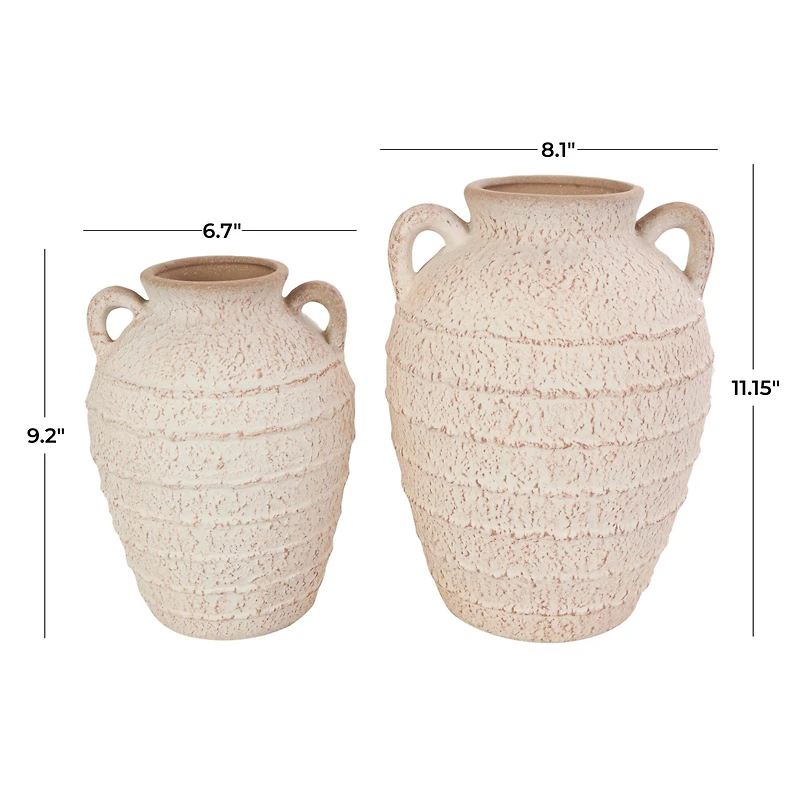 Cream Ceramic Textured Vase Set with Handles & Terra Cotta Accents