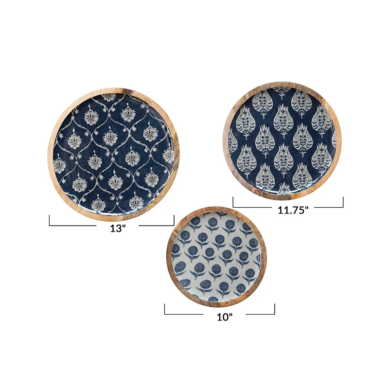 Hello Honey® Blue Floral Enameled Round Mango Wood Tray Set