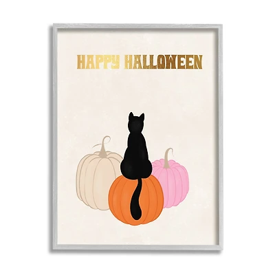 Stupell Industries Happy Halloween Black Cat Pumpkins Framed Giclee Art