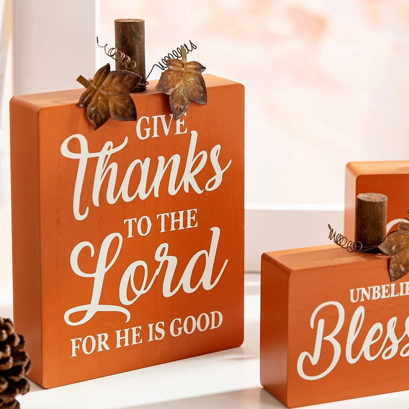 GlitzHome® Fall Wooden Pumpkin Tabletop Sign Set