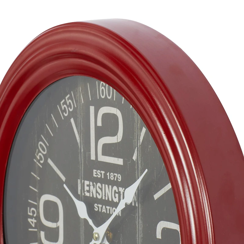 Farmhouse Round Red Metal and Wood Kensington Station Wall Clock, 14" x 14" x 2.60"