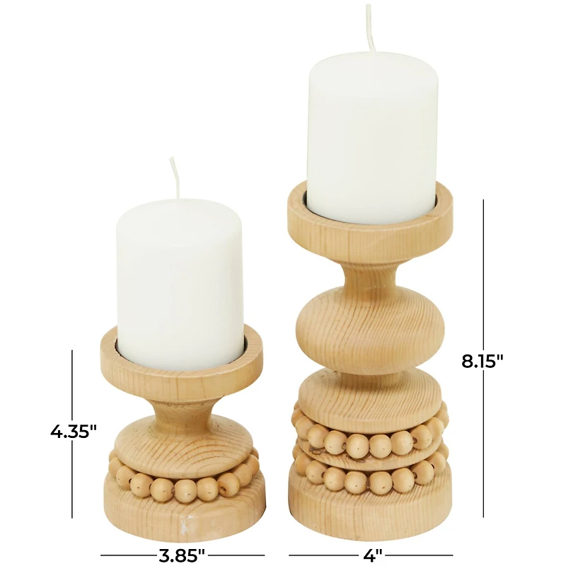 The Novogratz Brown Wood Beaded Pillar Candle Holder Set
